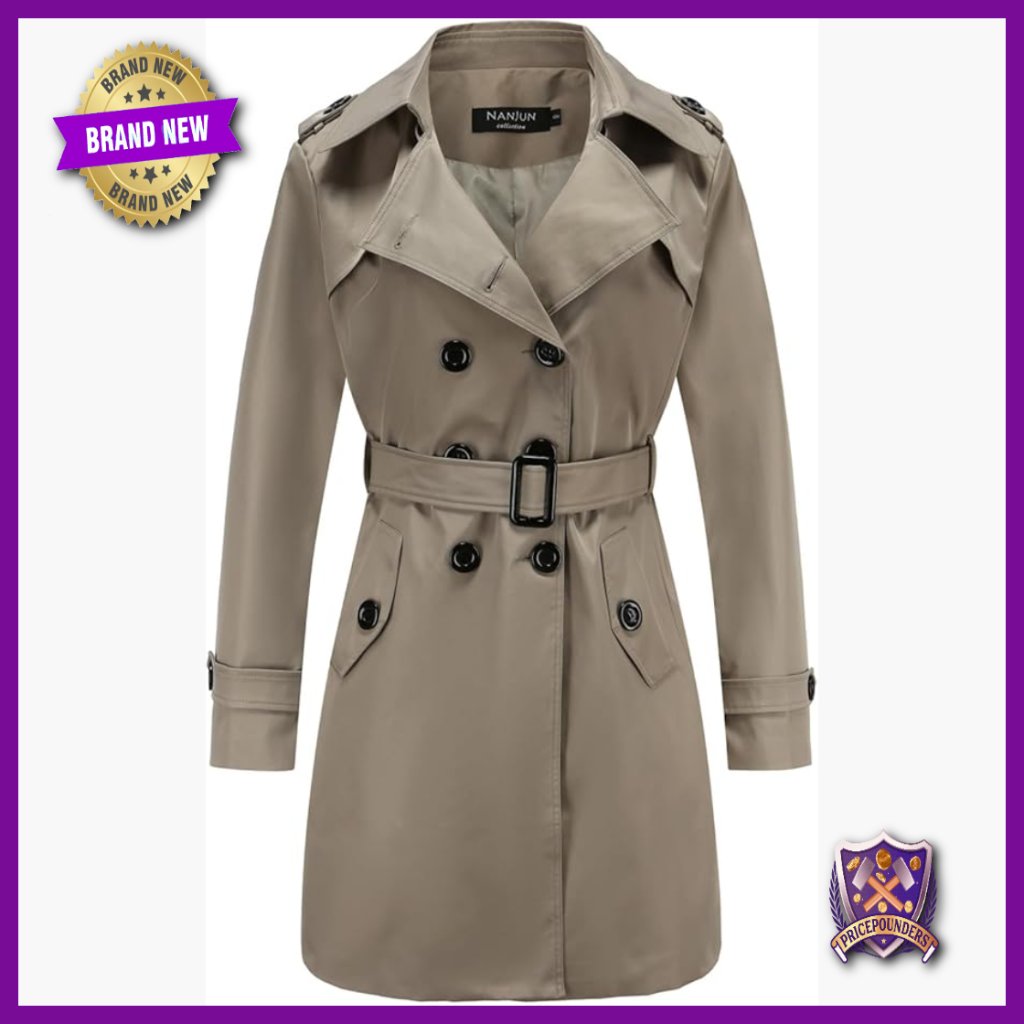 Slim Fit Double Breasted Trench Coat Waterproof Long Sleeve Belted Overcoat